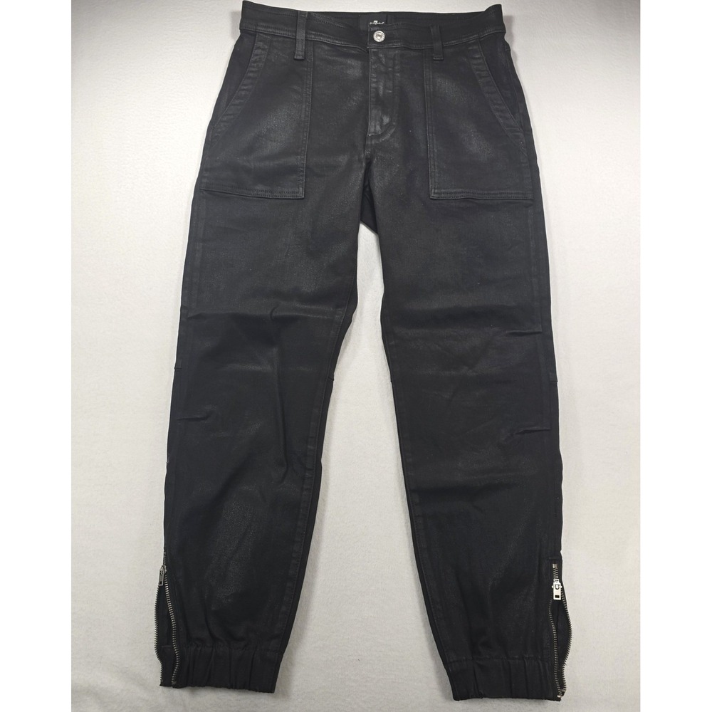 7 For All Mankind Coated Black Denim Joggers Ankle Zip Utility Pants 28